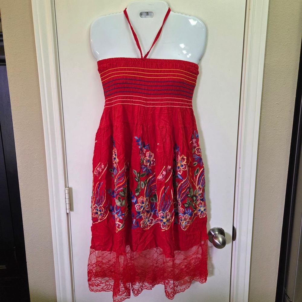 Red Floral Halter Midi Dress